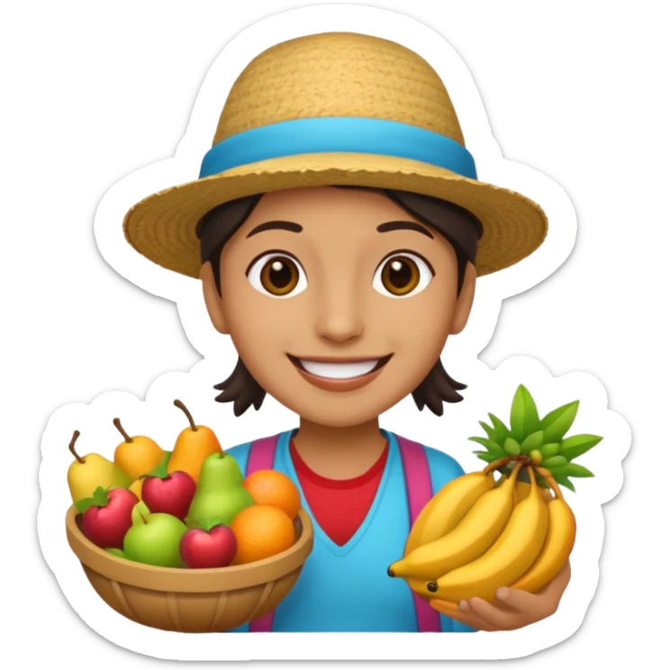 3D emoji illustration of a Peruvian street vendor, selling fruits and snacks on the sidewalk, smiling, urban neighborhood in background, bright colors, cartoon style, bold outlines, glossy sticker, transparent background sticker