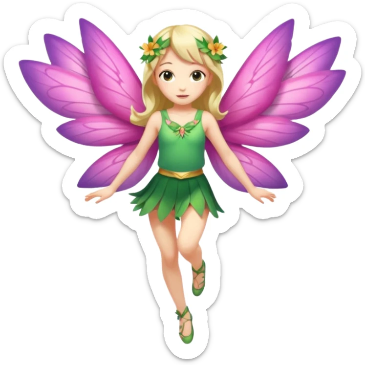A winged flower fairy girl, wearing a short skirt, one leg straight and the other bent, her body tilted, in a flying pose. sticker