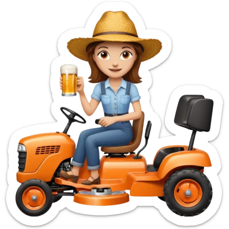 White woman with brown hair, without glasses wearing a straw hat, on old orange ride on lawn mower, holding a beer with one hand and holding the steering wheel with the other hand. Woman is smiling. Lawn mower brand is called “Westwood” sticker