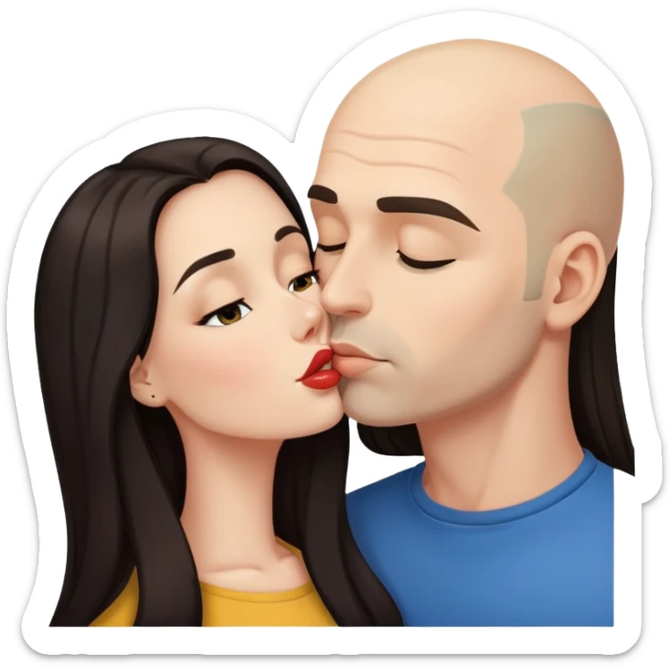 Beautiful woman with long dark hair, kissing a bald man sticker