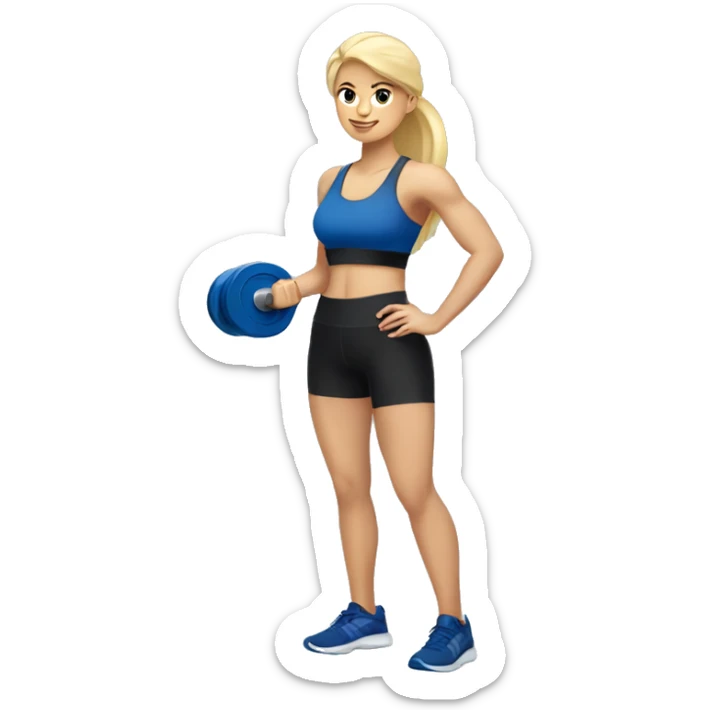 blonde woman working out with a black tank top and a blue shorts holding a dumbbell sticker