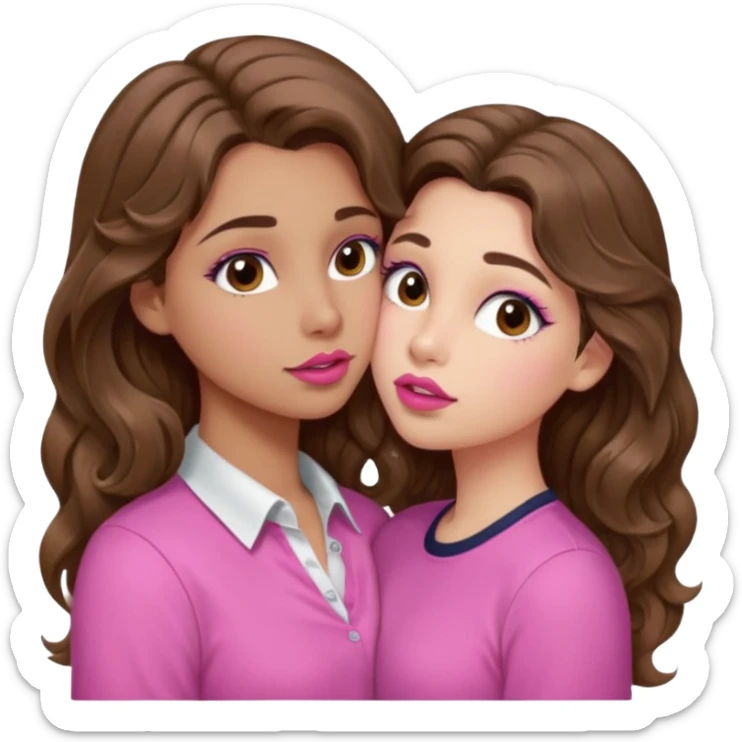 girl with long wavy brown hair, brown eyes, light to medium complexion, in a pink shirt, pink lips, long lashes, puckering up for a kiss sticker
