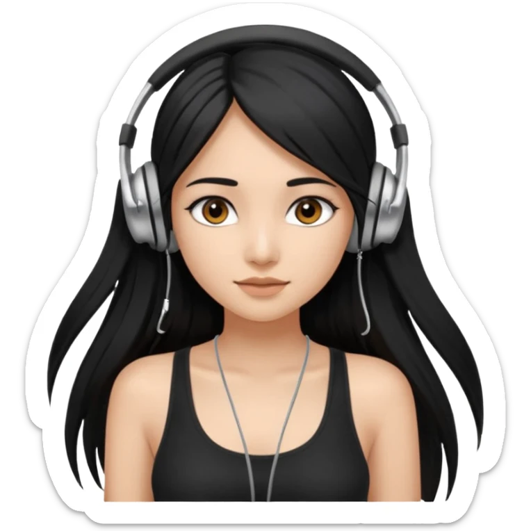 a fair indian girl with straight black long hair, wearing a black cami top. and wearing silver  headphones on sticker