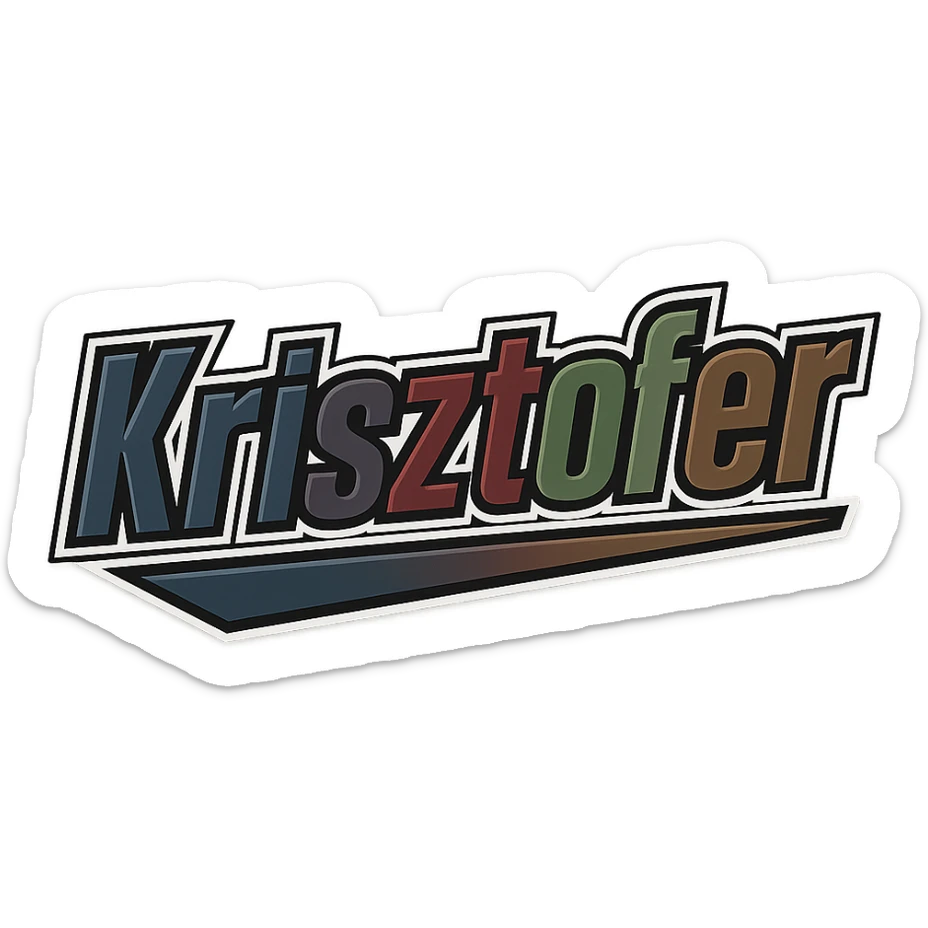 Text design of the name 'Krisztofer' in a masculine, modern gradient font with precise Hungarian characters, dark contour, extra thick, prominent white border as in the uploaded sample, dynamic slanted underline, masculine color shades including blue, gray, burgundy, green, and brown, 1000x1000 px, PNG, transparent background. sticker