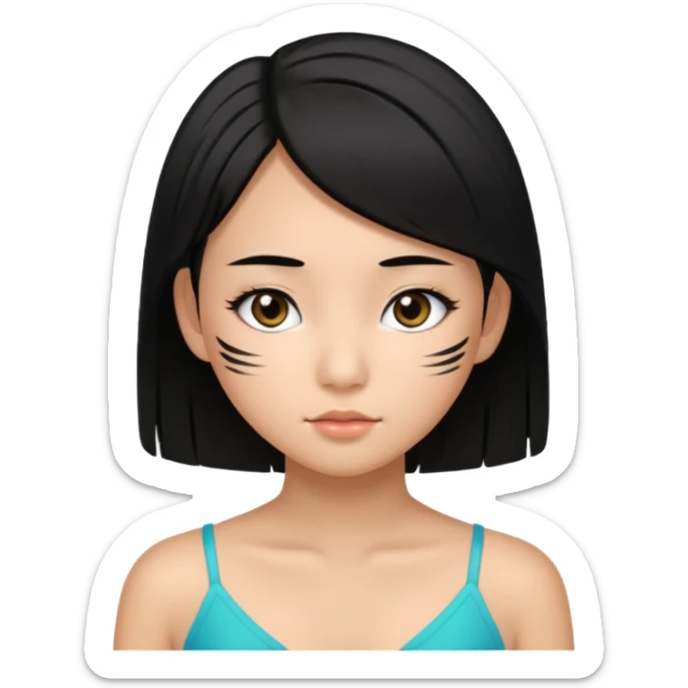 a tan chinese-american 15 year old girl with straight black hair down to her chest. mascara sticker