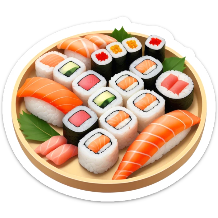 Cinematic Realistic Sushi Dish Emoji, depicted as an artful arrangement of fresh sushi with vibrant colors rendered with lifelike textures and delicate, natural lighting. sticker