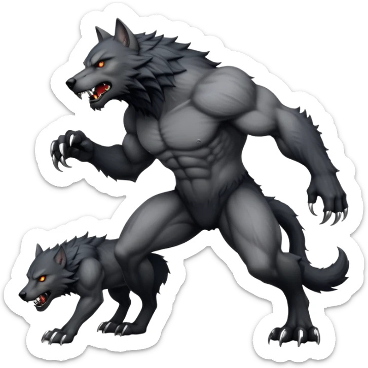 cinematic-noble-fierce-werewolf-full body on all fours-emoji, poised-and-imposing, with a tall, lean, and muscular wolfish frame inspired by the brutal, imposing shape of the beast from Berserk, fur rippling in shades of midnight black and silver, massive paws with razor-sharp claws, elongated limbs and fangs, eyes glowing with an intense, primal ferocity, reflecting the untamed power of the wild moonlit night; rendered with realism like a wolf sticker