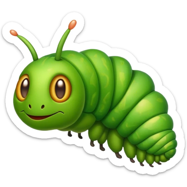 Cinematic Realistic Noble Caterpillar Portrait Emoji, Poised and serene, with a slender, segmented body covered in vivid, detailed green scales accented by subtle natural patterns, and a tiny, focused face with delicate, inquisitive eyes, rendered with lifelike texture and soft natural lighting, high shine, intelligent and delicate, styled with an air of woodland elegance, focused and attentive, soft glowing outline, capturing the essence of a watchful and confident looper caterpillar that appears ready to inch gracefully out of the screen with natural authority! sticker