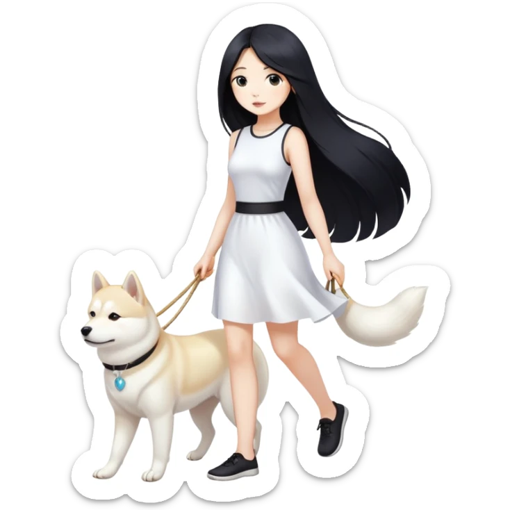 A beautiful girl with long black hair walks a white Shiba Inu sticker