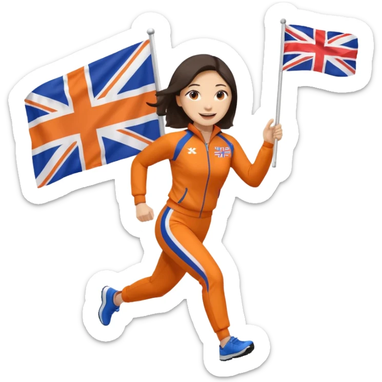 asian woman in orange sport suit and holding uk flag in one hand, running sticker