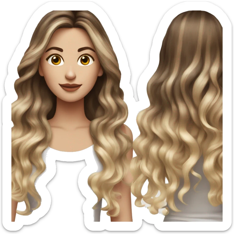 White girl with long voluminous brown hair with blonde highlights balayage sticker