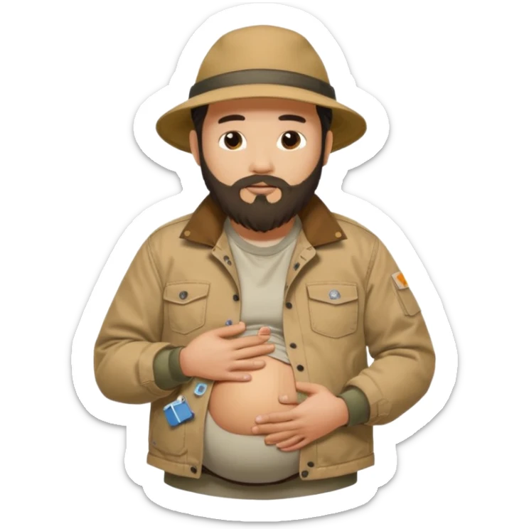 Bearded man rubbing pregnant belly poking out of shirt wearing a tan canvas carhartt jacket with  chinese hat on sticker