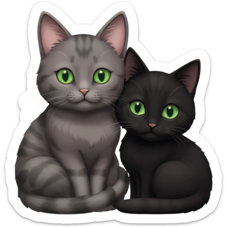 1 grey cat with pastal green eyes and 1 black with green eyes cat cuddling sticker
