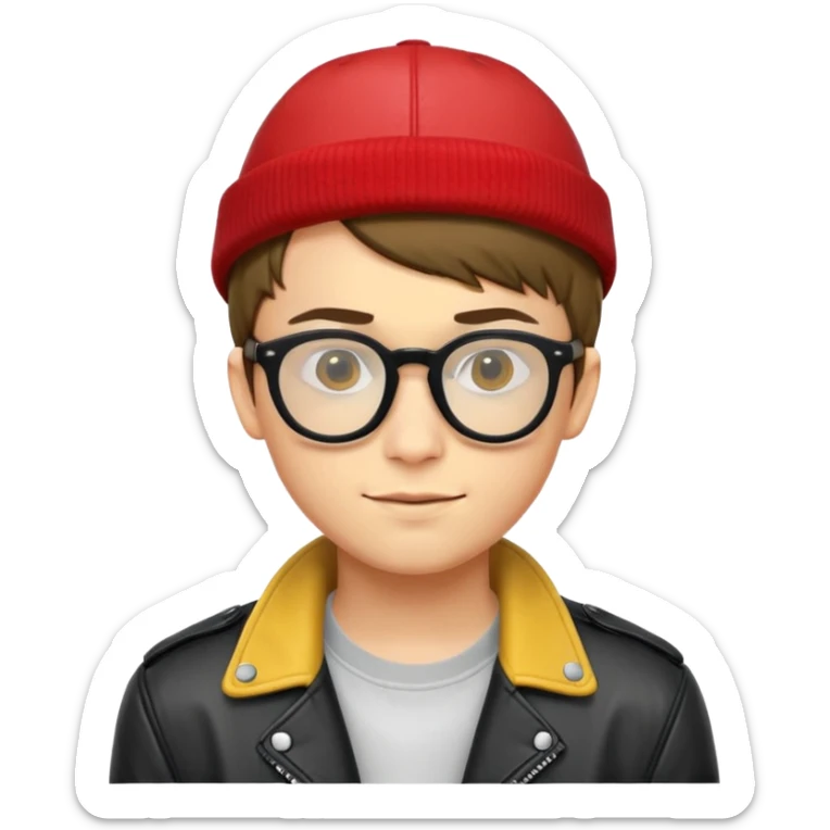 con trai 20 tuổi, da vàng, tóc ngắn màu nâu, đội mũ màu đỏ, đeo kính màu đen, khoác áo da màu đỏ, nụ cười nhếch mép sticker