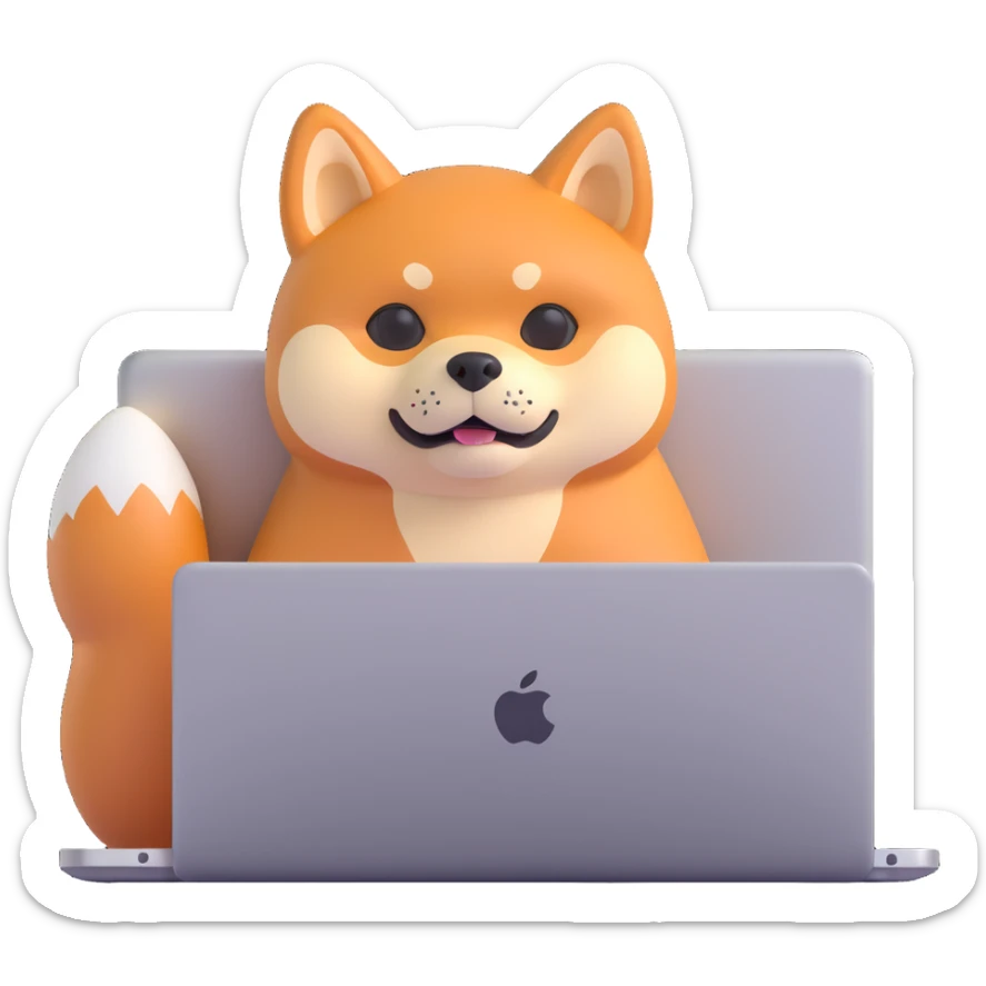 rounded 3D cartoon Shiba Inu mascot named Horus with tan orange fur, peeking over a glowing silver MacBook laptop with glowing screen, dog looks calm and focused, modern Apple emoji style, soft shadows, glossy, tight framing, white or transparent background sticker