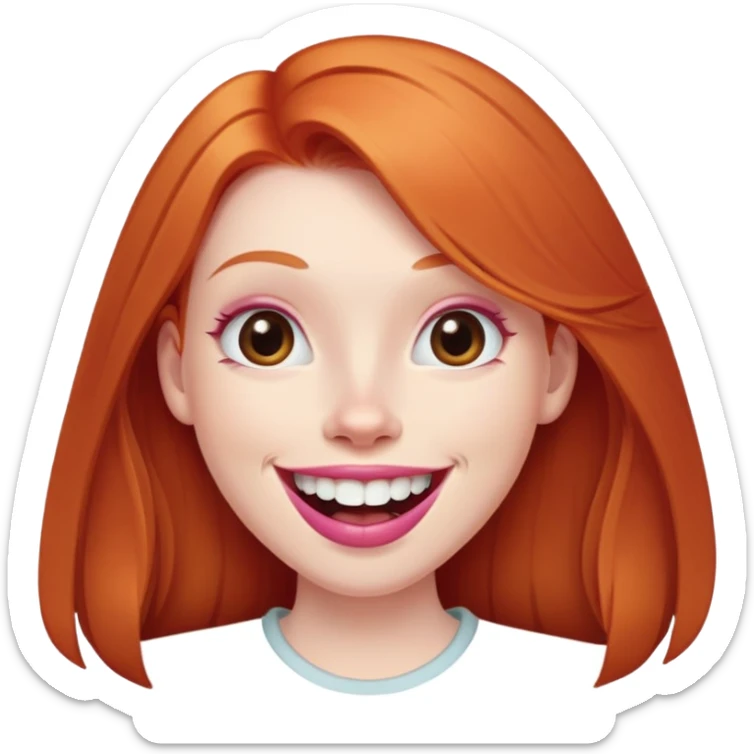 Young girl with pale skin, longer face, full pink lips smiling with big teeth, very long straight ginger red hair (no blonde at all), big brown eyes, bigger nose, big mouth sticker