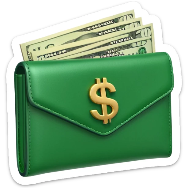 Rich emoji style green leather wallet with dollar bills, luxury money vibe, premium 3D emoji, ultra clean, high detail, no background sticker