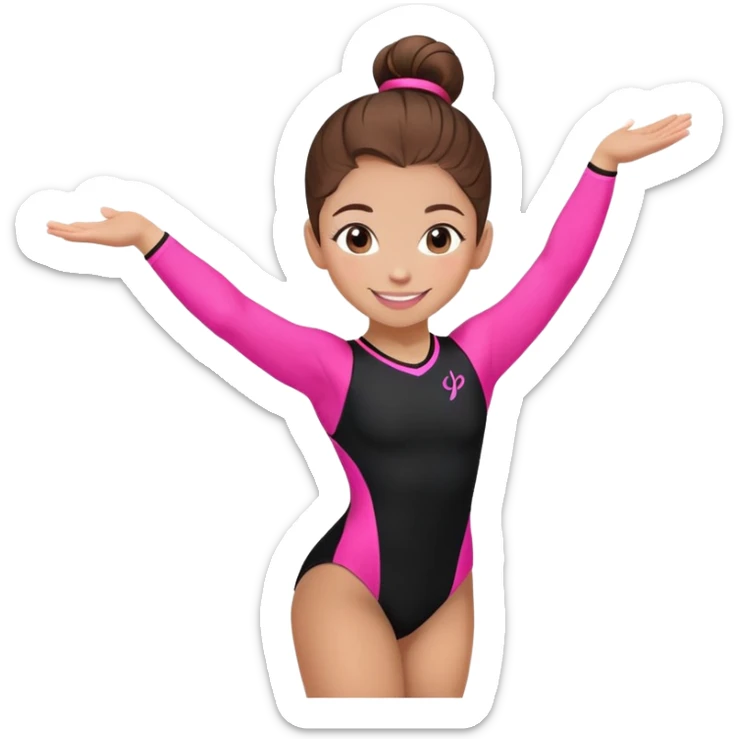 Happy female gymnast with brown hair in a neat bun, wearing a black uniform with neon pink elements. sticker