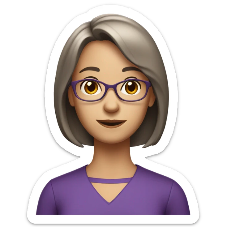 older girl teacher with straight short brown hair and bang purple shirt sticker