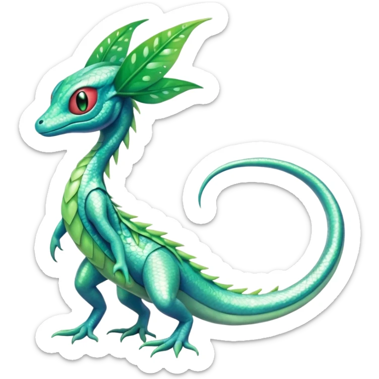Sparkly White And Green Natural Flowery Colorful Grovyle-Salandit-Celebi-Fakémon-hybrid-creature (full body)  sticker