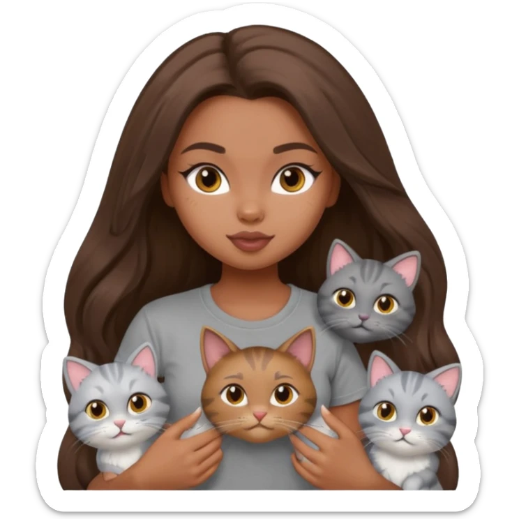 a pretty bratz dusky girl with long brown hair with six cats nd wearing a grey tshirt sticker