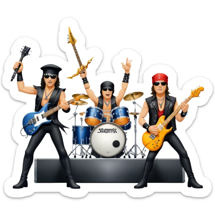 Icon for Rock Music: Scorpions live concert on stage with electric guitars, drums, and a powerful spotlight. Klaus Meine at the microphone, Rudolf Schenker and Matthias Jabs playing guitars, dynamic stage presence, and electric energy. Transparent background. sticker