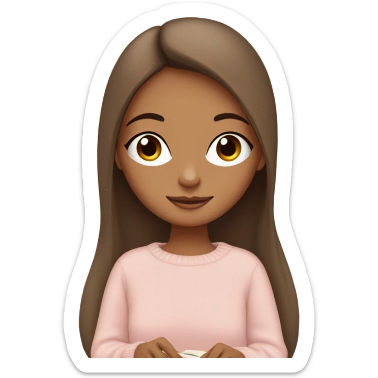 Pretty brown eyed tan girl with light pink sweater reading cozy sticker