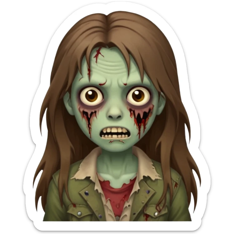 Girl zombie with brown long hair with teeth and serious face sticker
