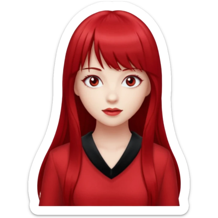 beautiful girl with red velvet long hair and straight bangs, red eyes and red clothes sticker