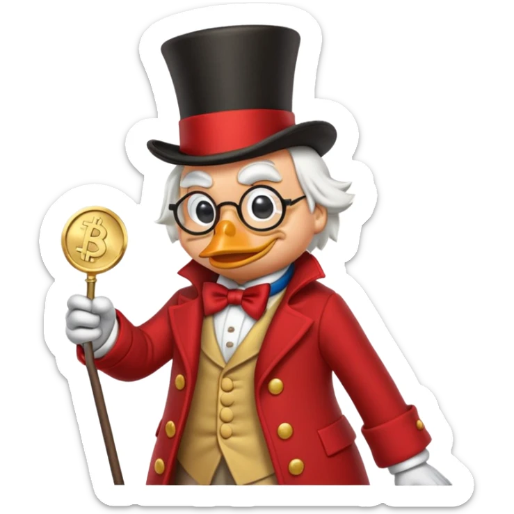 A detailed emoji of Scrooge McDuck, the iconic Disney character, wearing his signature top hat, round glasses, and red coat. He has a stern yet comical expression, holding a large gold coin in one hand and a cane in the other. The background is a sub sticker