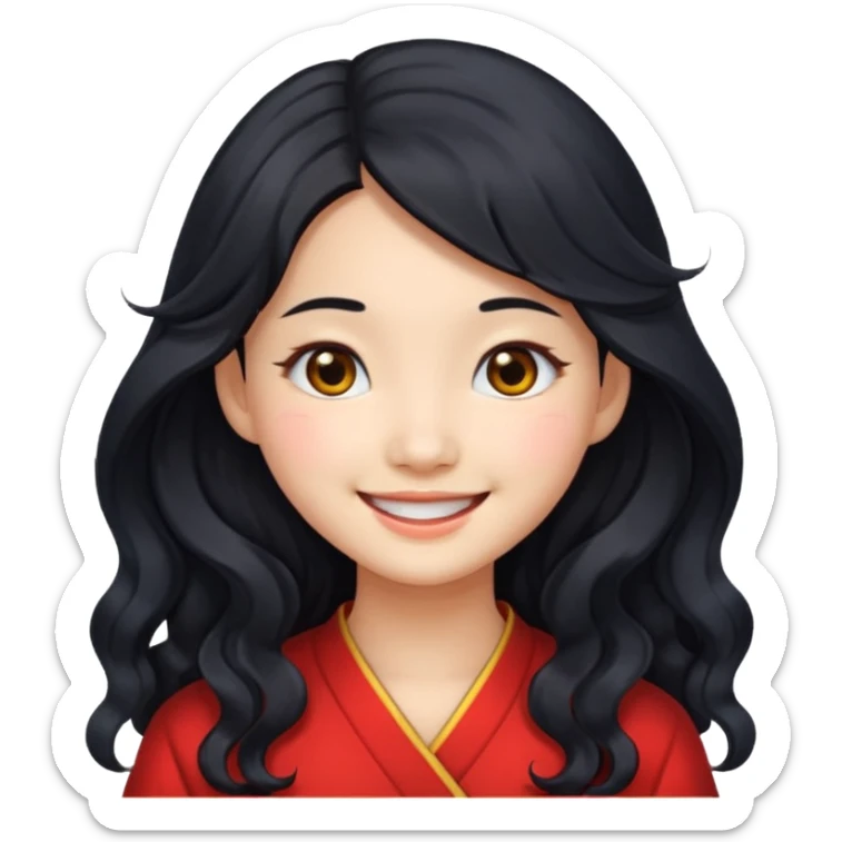 smiling Chinese girl, long wavy black hair, black eyes, emoji style sticker