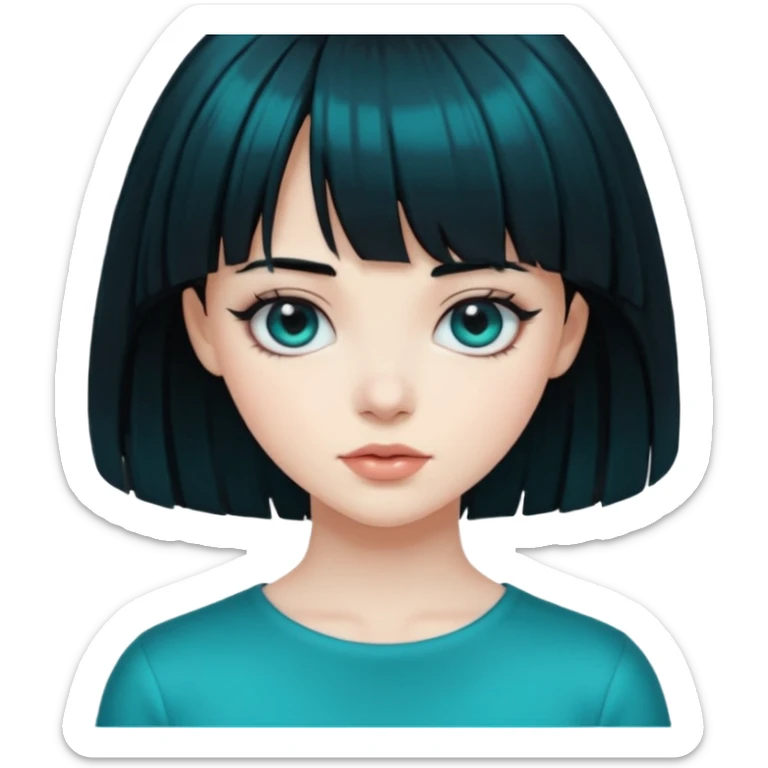 girl with black hair and the hair transforming into black hair with bangs that are half teal sticker