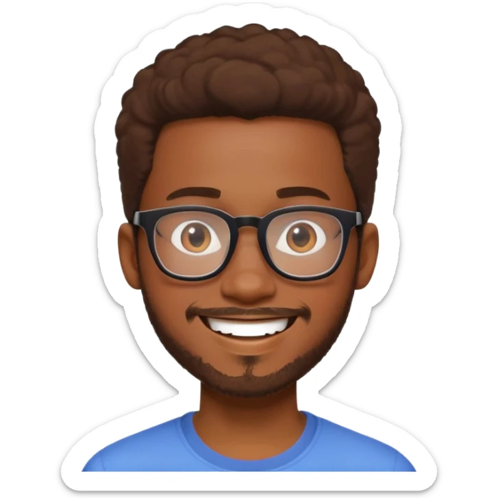 African yound man in his lateb 20s with a  nerdy glass and a bright smile with a short boxed beards in Pixar style sticker