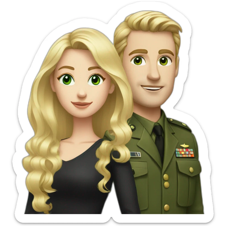 army blond white guy and blond long hair girl with green eyes in black dress sticker