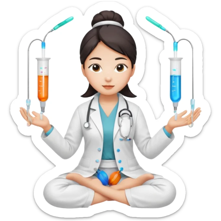 emoji of an asian woman with a single bun in a white lab coat sitting cross legged with micropipettes levitating in an arc around her head sticker