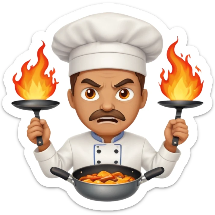 angry chef with flames in eyes, confidently crossing two frying pans across chest sticker