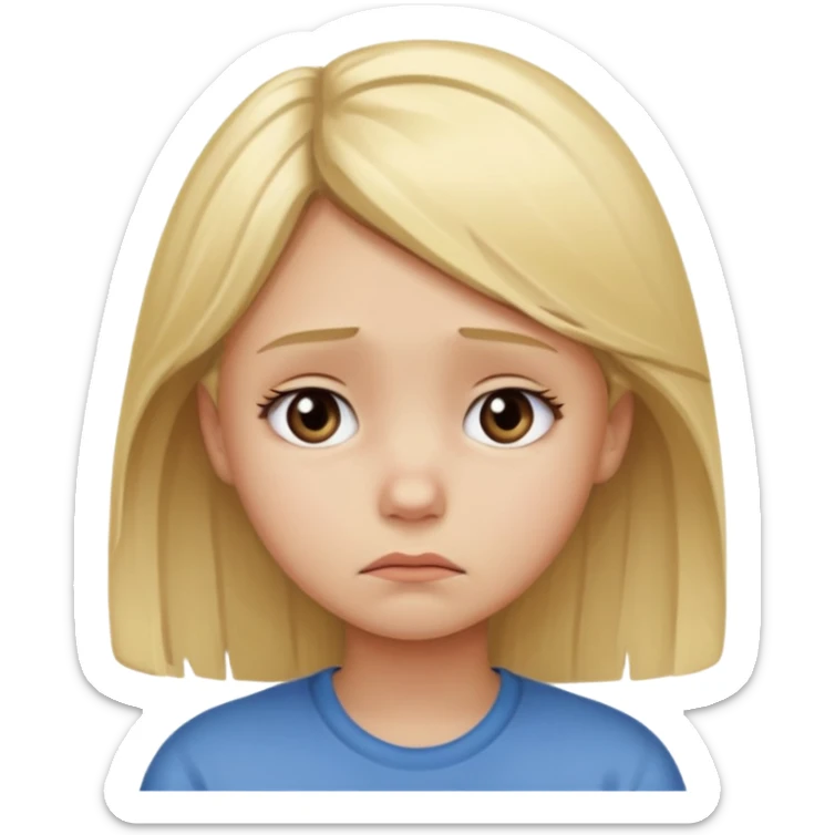 Young girl with blonde hair and a sad, discouraged face sticker