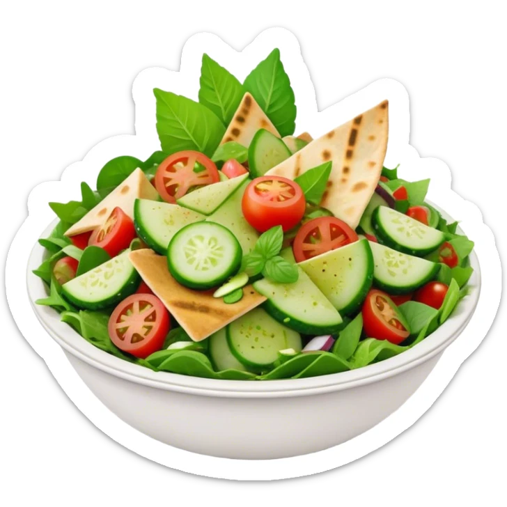 Cinematic Realistic Fattoush Salad Dish Emoji, depicted as a colorful medley of greens, tomatoes, cucumbers, and crispy pita rendered with vibrant textures and refreshing lighting. sticker
