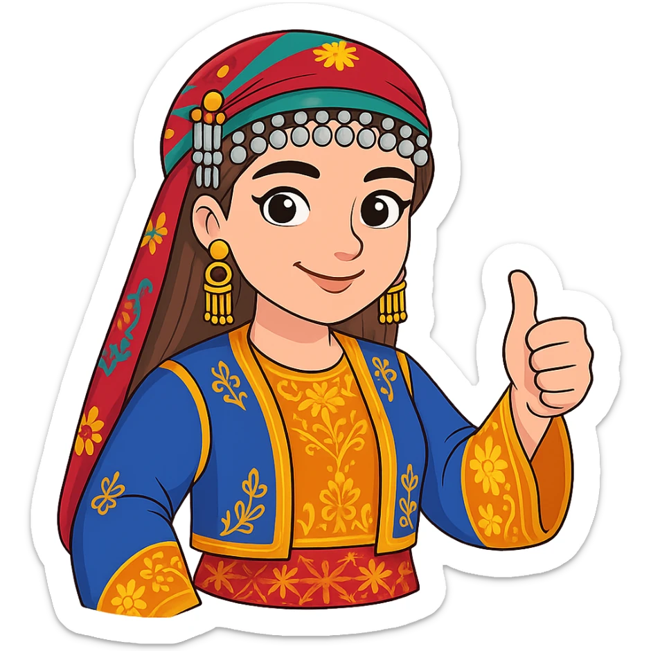 Kurdish cartoon sticker of the same woman in the new dress, giving a thumbs up, confident and supportive, no text, transparent background sticker