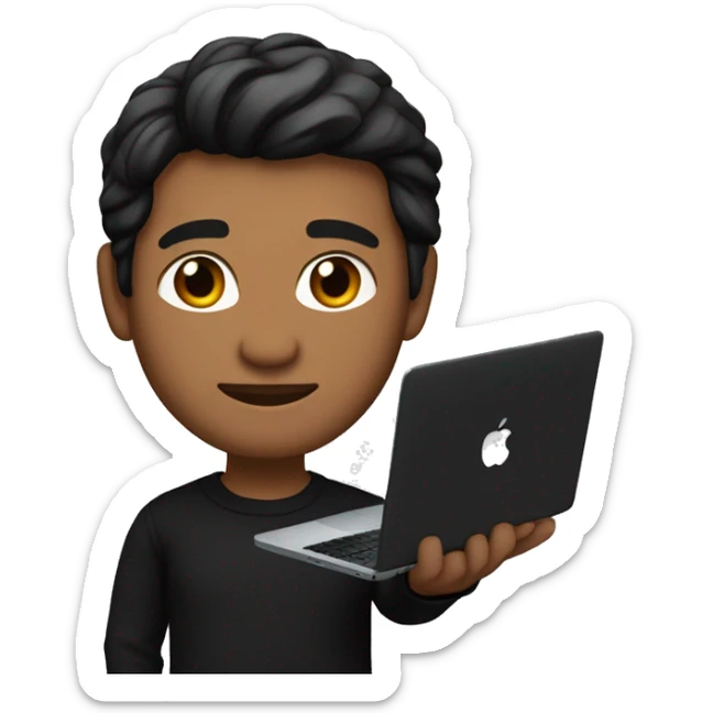     memoji of a man with a laptop in front, apple-style,modern,dark hair,black sweater,computer in hand, srilankan brown skin, an avatar image gonna be round  sticker
