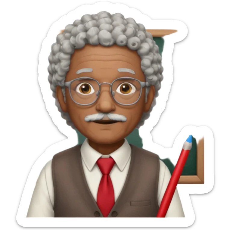 old man teacher, brown skin, curly grey white hai, wearing glasses, brown vest, red tie hold chalk on hand sticker