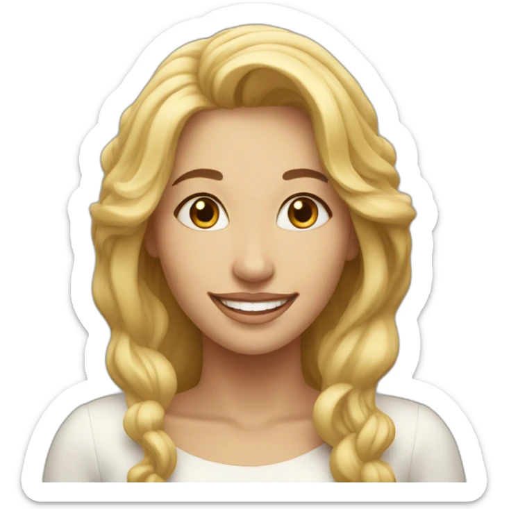 a beautiful woman, in the representation of the One who loves God, has a big smile, stares at the camera in front of her, her hair is blond and long sticker