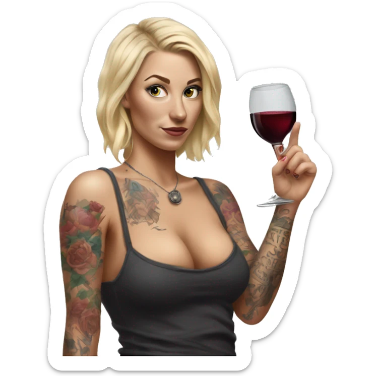Blonde women in, her body covered with tattoos, wine in her one hand, pointing on you with her other hand , Hyper realistic  sticker