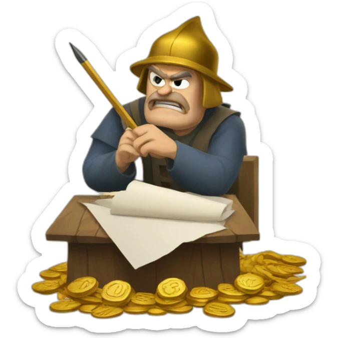 middle ages taxman, angry, writing on a paper, pile of gold sticker