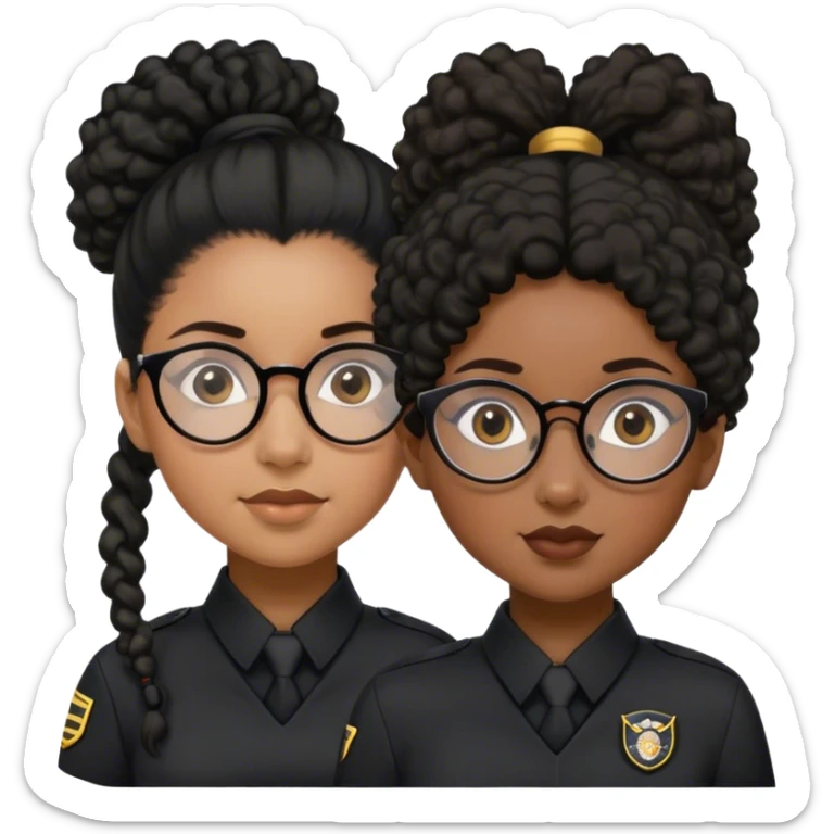 femme pilote d'avion en uniforme noir aux cheveux bouclés noir et petites lunettes arrondis identique avec des cheveux très long et la peau noir mais légèrement plus claire avec les cheveux attachés in a ponytail 1 seule personne, cheveux moins épais  sticker