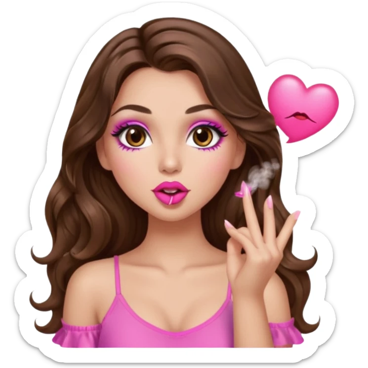 girl with long wavy brown hair, brown eyes, long lashes makeup, sexy pink lips, light to medium complexion, wearing a pink sexy top, blowing a kiss sticker