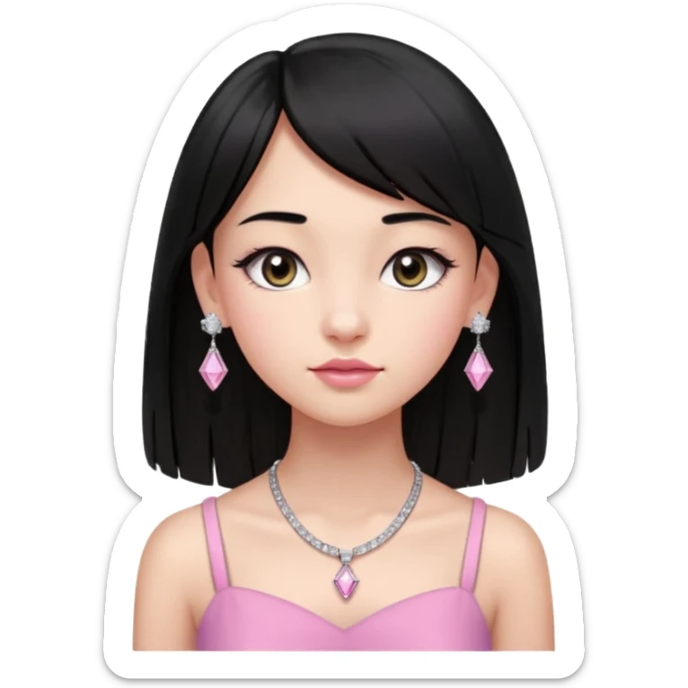 Cabelos pretos longos lisos ,com franja curvada  na altura do queixo .olhos pretos puxadinho para cima. Cílios longos curvados. Pele clara ,nariz pequeno ,lábios carnudos ,adolescente 16 anos ,vestido rosa de alça, colar pequeno prata ,brinco de diamante pequeno  sticker