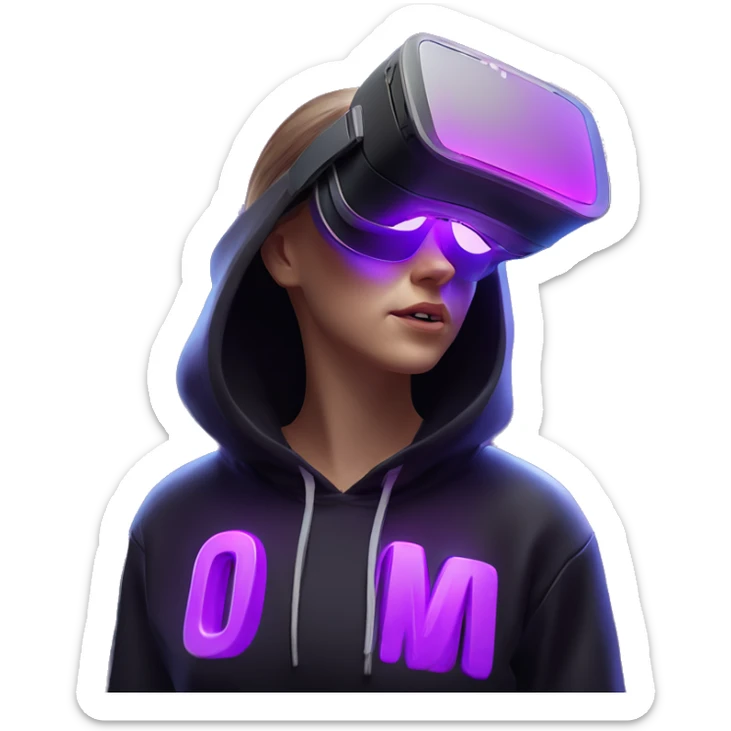 Russian girl wearing black hoody with violet letters "OMG", in vr headset oculus quest2. Standing like jedi. Cyberpunk style. Violet neon. sticker