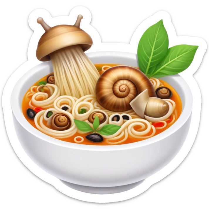 Liuzhou Snail Rice Noodles spicy soup with river snails, simplified emoji style with bold outlines and bright colors, cartoon style Guangxi specialty food sticker