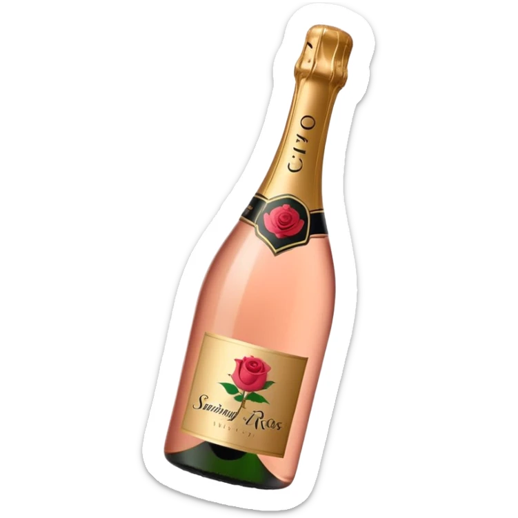 bottle of sparkling rosé champagne with a rose logo on the label, with the cork popping out from the top, tilted up and to the left, no glass sticker